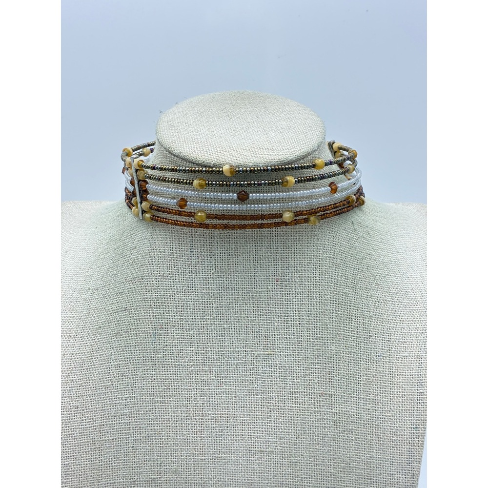 Seed Bead Choker Necklace Boho Multi Strand Earth Tone Cognac Bronze White 6 Row